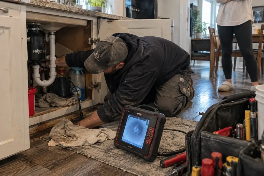 A technician checking supply and drain connections under a kitchen sink with an inspection monitor on the floor beside him